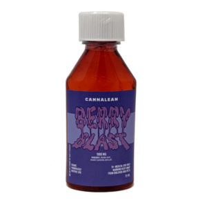 Cannalean THC syrup concentrate in berry blast flavour. Amber bottle with a white cap 