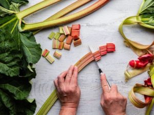 chopping rhubarb with leaves